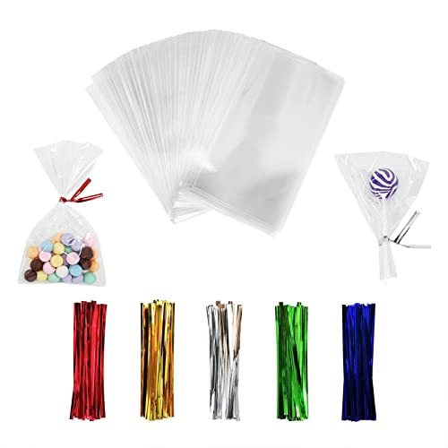 100PCS Cellophane Bags 3x5 inches Clear Treat Bags with 4 Twist Ties Plastic Cello Bags - 1.4 mils Thick OPP Rice Crispy Bags for Gift Goodie Favor Candy Cake Pop Birthday Party Cookies (3 x 5)