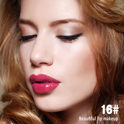 Image of evpct Hot Pink Shiny Longwear No-Budge Liquid Lip Color Lipstick Makeup, Highly Pigmented Color Instant Shine, Waterproof Long Lasting Lipstick for Women, Lip Stain Gloss with Lip Liner Brush, 16#