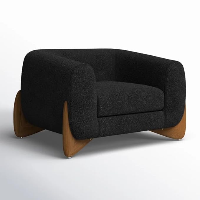 Image of Upholstered 3 Seater Sofa Three Seater Sofa with Wooden Legs for Living Room Hotels & Offices (One Seater Boucle Balck) (Black 1 Seater)