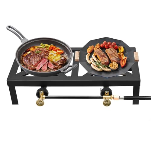 2 Burners Outdoor Propane Burner Gas Stove, 6800W-8000W Outdoor Camp Stove Portable Gas Cooker, Built-in Adjustable 0-10Psi Regulator Hose for Patio Camping BBQ Home Brewing