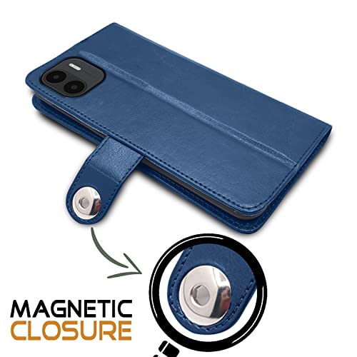 Image of Pikkme Redmi A1 | Redmi A2 Flip Cover Leather Finish | Inside TPU with Card Pockets | Wallet Stand and Shock Proof | Complete Protection Button Flip Case (Blue)