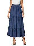 OPOIPIN Women's Elastic High Waist Tiered Ruffle A Line Swing Denim Long Skirt Blue Small
