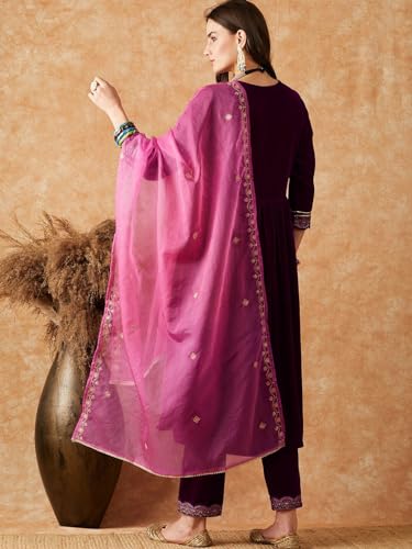 Image of SheWill Women's Zari Sequence Embroiderd Velvet Kurta with Pant and Dupatta| Salwar Suit Set with Dupatta| Velvet Kurta Set Women| Kurta Set for Women|Kurta Set with Dupatta for Women| Anarkali Kurta