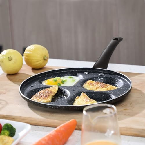 ZOFUN Pancake Pan, 26 cm Egg Frying Pan with 4 Eggs Holes 12cm, Non Stick Frying Pan with Handle, Black Induction Poached Egg Pan for Individual Pancakes, Frying, Uthappam, Induction - Image 2