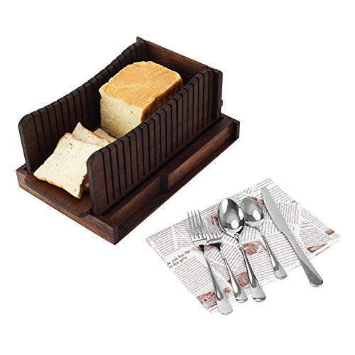 TQVAI Bambus-Brotschneider, Brotschneider, kompaktes Schneidebrett mit Krümelschale, Edelstahl-Besteck für hausgemachtes Brot, Kuchen, Bagels, Retrobraun Cover