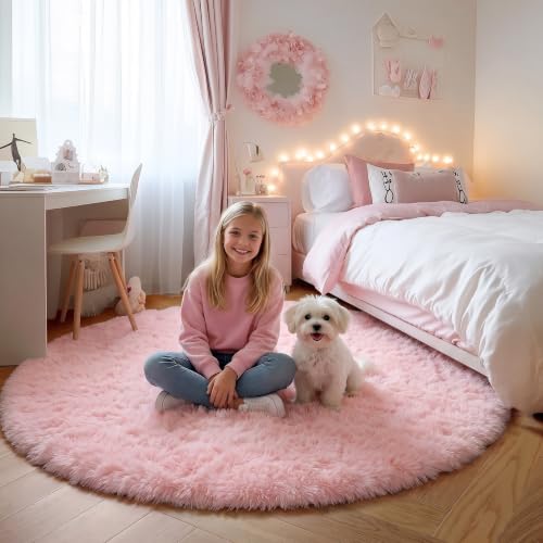ONASAR Light Pink Round Area Rugs 5ft for Bedroom Living Room, Fluffy Circle Rug for Kids Girls Boys Teen, Soft Plush Shaggy Carpet for Nursery Dorm Classroom Playroom Home Decor Aesthetic