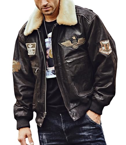 FLAVOR Men's Real Leather Bomber Jacket with Removable Collar Aviator, Medium, Dark Brown