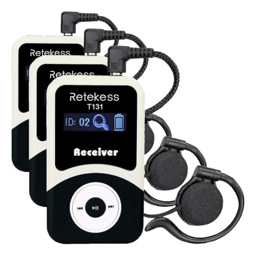 Retekess T131 Wireless Tour Guide System Receiver with 3.5mm One-Side Earphone, 99 Channels, Audio Translation System for Church School Training Court Factory (Use with T130 Transmitter) (Pack of 3)