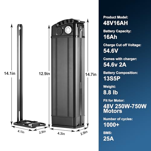 Image of 48V 16Ah Ebike Battery, Silver Fish Lithium-ion Battery with 2A Charge for 200-750W Electric Bike Bicycles Folding Bike Mountain Bike Motor