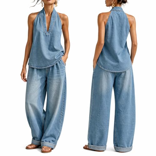 jjnz Cozy Minimalist Two-Piece Denim Set,Women Halter Neck Sleeveless Top