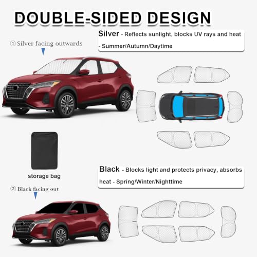 Image of KMF 6pcs Thicken Sun Shades for Nissan Kicks 2022-2024 Accessories, Full Car Window Covers Sunshade for Windshield Side Rear, UV Block and Blackout Privacy for Car Camping Outdoor