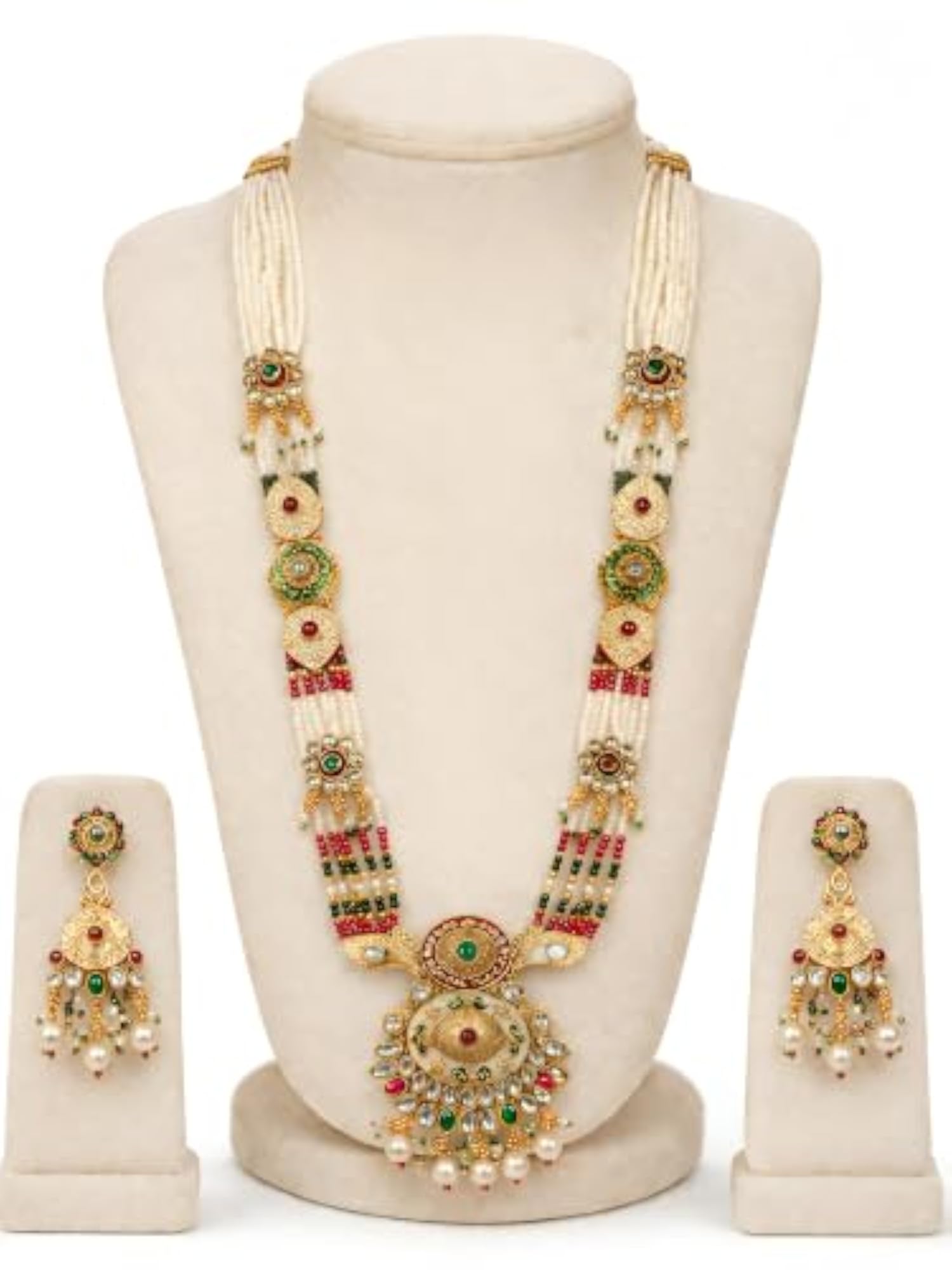 Traditional Kundan Pearl Long Necklace Set with Earrings
