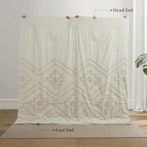 Image of Oli Anderson Boho Tufted Comforter Set King Size, 3 Pcs Soft Jacquard Bedding Set for All Seasons, Shabby Chic Farmhouse Bedding Set with Comforters for All Seasons (Beige, King)