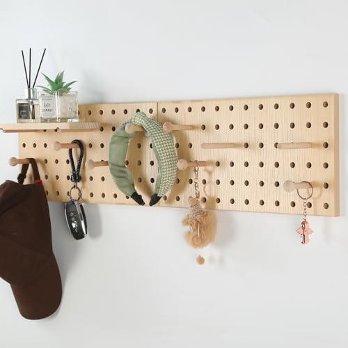 UMICAL Beige Wood Pegboard Modular Display Wooden Pegboard Combination Wall Organizer Storage Wall Hooks Shelf for Home, Office, Bathroom, Comes with 2 Pieces Pegboards