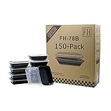 One Case 150-Pack Food & Health 38 oz Microwavable Microwave Safe Food Container Lid Bento Box, Black