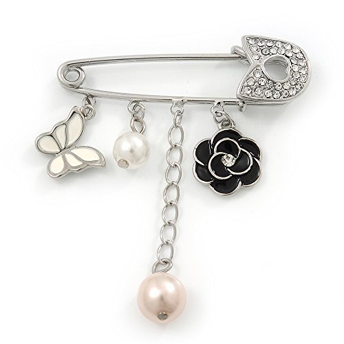Preisvergleich Produktbild Blumen, Schmetterling & Perlenkugel' Swarovski Kristall, Sicherheitsbrosche, rhodiniertes Metall- Länge 5 cm