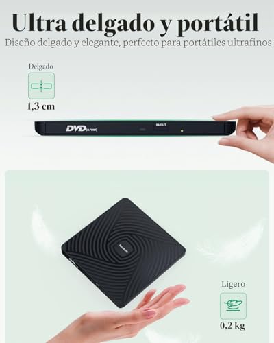 Miniatura 2 de Perobuno Lector Cd Dvd Externo, Usb 3.0 Y Type-C Grabadora Cd Dvd Externa, Rom - Rw Unidades Portátil Ultra Delgado De 0,5 Pulgadas Dvd Externo Para Pc, Macbook, Windows11 10 8 7, Linux Y Mac Os