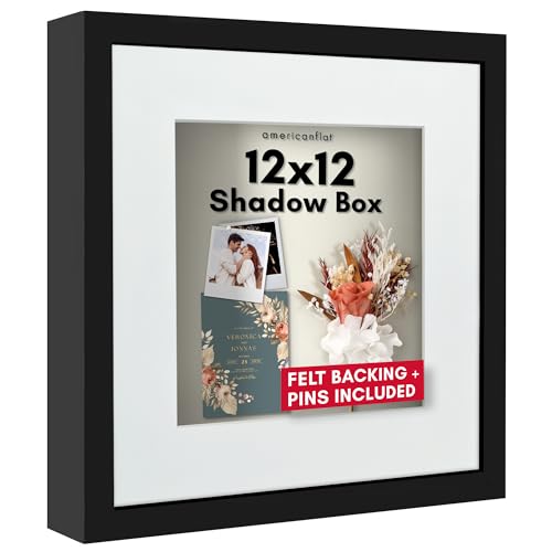 Americanflat Marco de caja de sombra de 12 x 12 pulgadas en color negro con paspartú de 10 x 10 pulgadas y parte trasera de lino suave, marco de caja de sombra grande con madera de ingeniería y vidrio