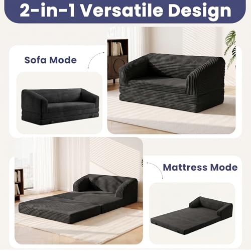 Image of JUIKURY Convertible Sofa Bed, 3-in-1 Foldable Loveseat Couch with Armrest, Corduroy Floor Sofa & Sleeper Bed, No Assembly High-Density Foam Futon Mattress for Living Room, Small Apartment, Dorm