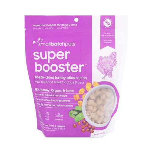 smallbatch Pets Freeze-Dried Tremendous Booster Turkey Bites for Canine & Cats, 7 oz, Made in The USA, Natural Produce, Humanely Sourced Meat, Single Supply Protein, Mixer & Topper, Cranberry & Probiotics smallbatch Pets Freeze-Dried Tremendous Booster Turkey Bites for Canine & Cats, 7 oz, Made in The USA, Natural Produce, Humanely Sourced Meat, Single Supply Protein, Mixer & Topper, Cranberry & Probiotics