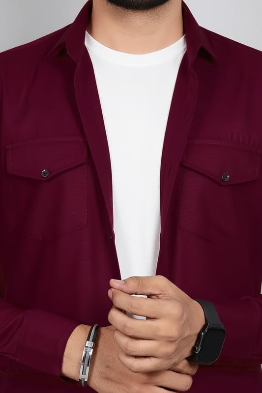 Image of DEELMO Men Solid Slim Fit Casual Overshirt Style Shirt | Full Sleeve Button-Down Layering Shirt Smart Casual Look