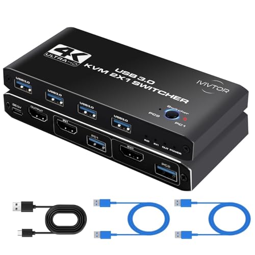 IVIVTOR Conmutador KVM HDMI USB - 2 PC 1 Monitor 4K60Hz Switcher con Puertos Para Compartir Teclado, Ratón, Impresora, Escáner Admite Hasta 4 Dispositivos USB-3.0