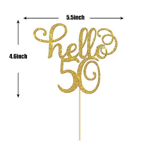 Hello 50 Cake Topper - 50th Birthday / 50th Wedding Anniversary/Fifty Sign Party Decorations Gold Glitter