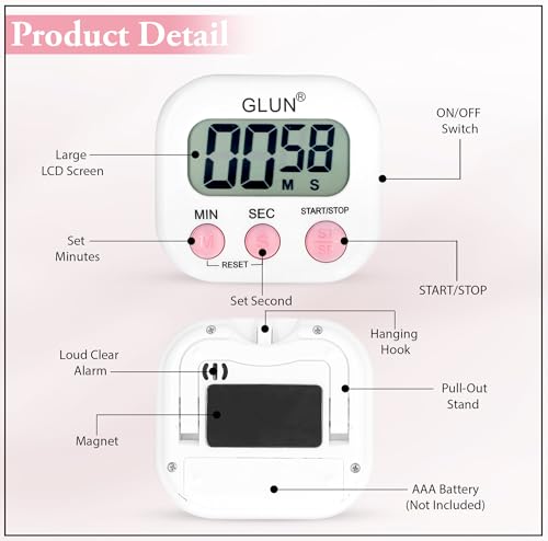 Image of GLUN Digital Kitchen Timer for Cooking, Pack of 1 Big & Clear Digits, Loud Alarm, Magnetic Back, Timer for Baking, Creating Food, White Body & Pink Buttons (Random Color)