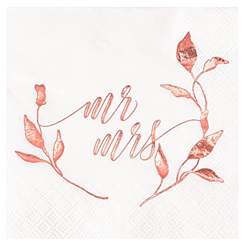Crisky Hochzeits-Servietten für den Empfang, rotgoldfarben, Mr Mrs, Servietten für Hochzeit, Cocktail, Bar, Getränke, Kuchen, Tischdekorationen, Hochzeit, Dusche, Partyzubehör, 3-lagig, 100 Stück Cover