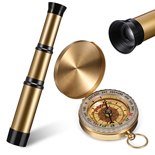 2 Pieces Pirate Spyglass Telescope with Survival Gear Compass Pocket Retro Spyglass Portable Collapsible Handheld Telescope for Children Pirate Cosplay Party Favors Camping Boating