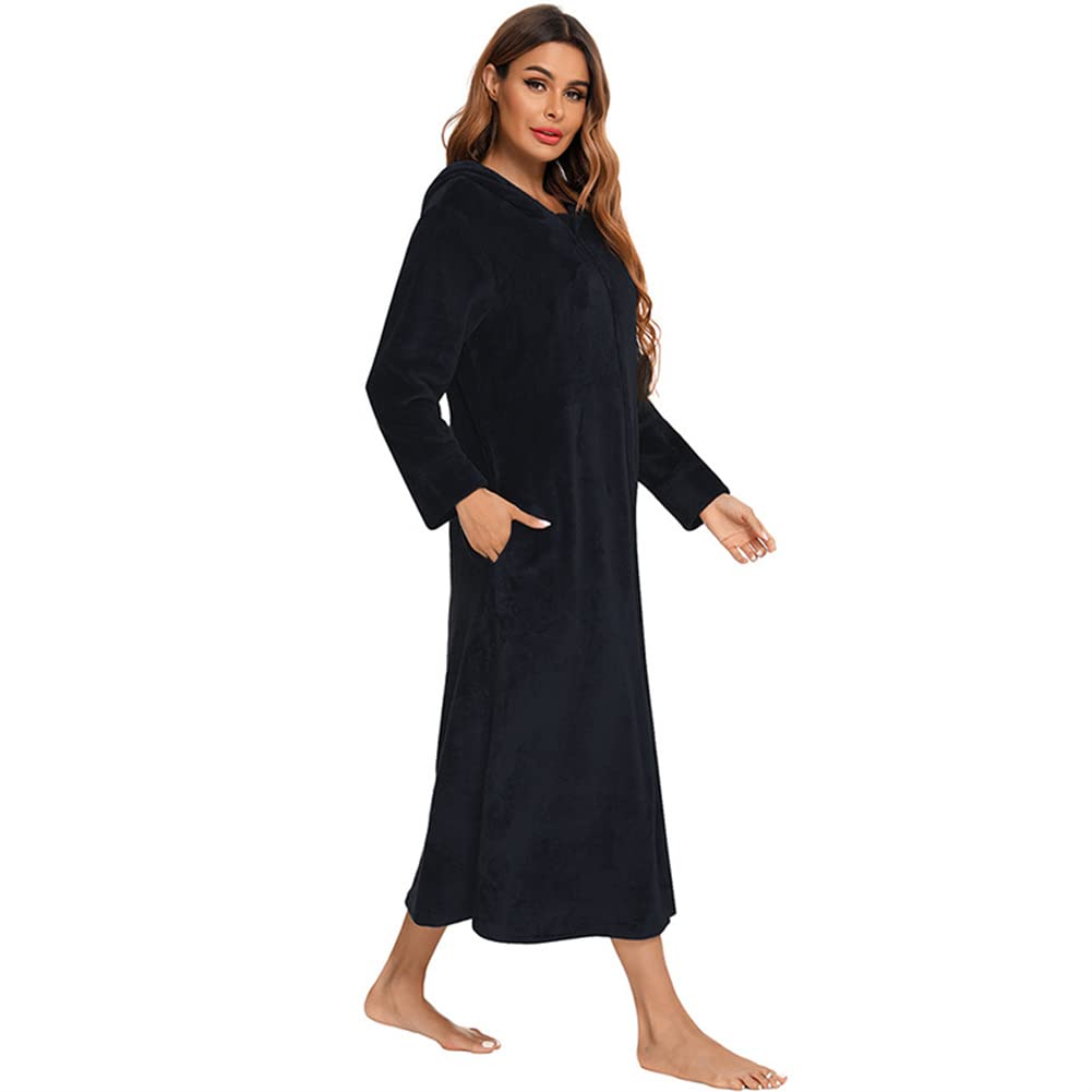 Damen Langer Warmer Bademantel Reißverschluss Fleece Plüsch Nachtwäsche Weich Casual Hauskleidung