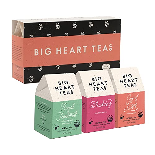 Big Heart Tea Co. Floral Tea Bags Gift Set - Certified Organic, Ayurvedic Herbal Tea - Small Batch Ground Herbs, Flowers In Zero Plastic Sachets - Healthy Tea Variety Box - 3 Flavors, 30 Pack #TOP8