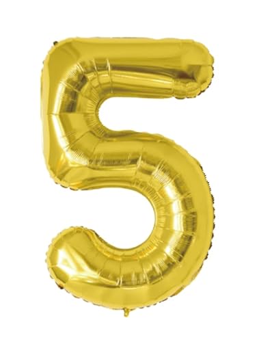 Palloncino Wooparty Numero 5 in Polietilene da 35 cm di altezza Colore Oro Metal Confezione da 1 pezzo, Gonfiabile ad aria, cannuccia inclusa