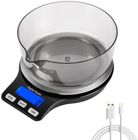 NEXT-SHINE Kitchen Food Scale with Bowl, 5kg 11lb USB Rechargeable Small Size Digital Grams and Ounces 0.1g Precise Graduation and LCD Back-lit Display for Cooking Dieting Baking Weight Loss