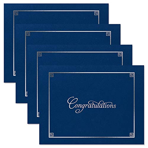 Congratulations Blue & Silver Certificate Folders - Pack Of 25, Linen Cover 80 Lb. Stock, Folded, Die-Cut Corners, For Office, Business Awards, Graduation, School Diploma Holder, 9-1/2" X 12" #TOP3