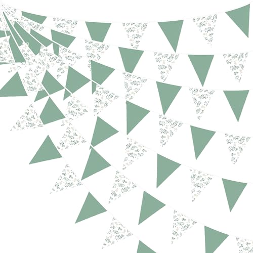 32Ft Sage Green Leaves Party Decorations Green Leaves Triangle Flag Fabric Banner Pennant Bunting Garland Streamers for Birthday Wedding Baby Bridal Shower Jungle Safari Summer Spring Garden Decor