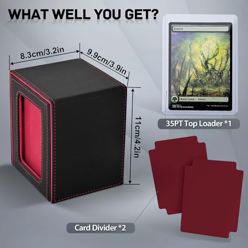 Image of ZLCA MTG Deck Box with Commander Window Display, Trading Card Storage Box Holds 100 Double-Sleeved Cards Suitable for TCG /CCG /PTCG /EDH /Magic /Sport Cards (Black&Red)