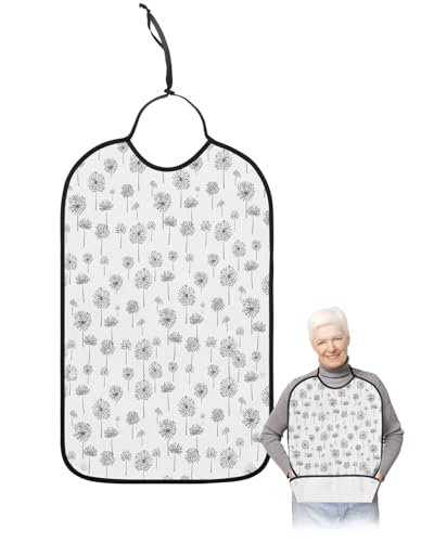 LEOKOTI Grey Spring Floral Adult Bibs for Eating, Waterproof Bibs with Food Catcher & Adjustable Snap Closure, Watercolor Pastoral Summer Botanical Washable Clothing Protectors Adult Bibs for Elderly