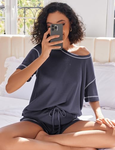 Ekouaer Pajamas for Women Set Waffle Knit Pajama Set 2 Piece Lounge Sets Loungewear PJS With Pockets Navy Blue — view 4