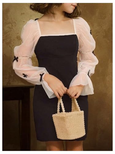 Girl's Dress Bow Ruffle Sheer Mesh Puff Long Sleeve Dresses Party Formal Short Dresses Size 8-123