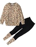 Arshiner Girls 2-Piece Fashion Leopard Print Tracksuit Long Sleeve Shirt and Active Color Block Legging Set Girls Clothes 5-6T