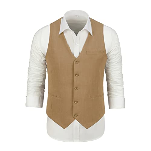 Men's Slim Fit Linen Suits,3 Pieces Retro Vintage Tuxedos Lightweight Prom Wedding Dress Suit Jacket Vests+Pant Khaki Xl #TOP4