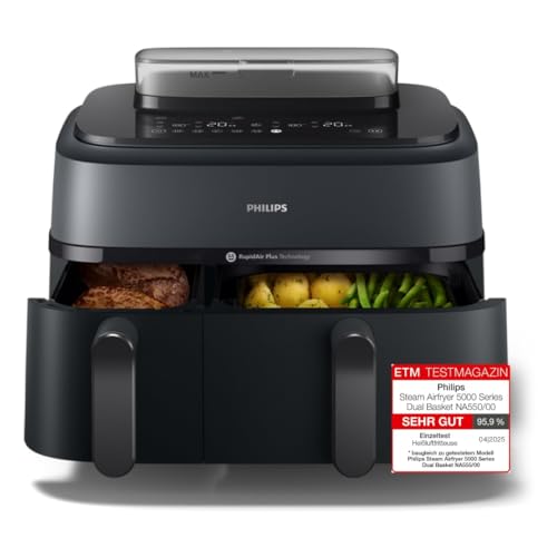 Philips Steam Airfryer 5000 Series Dual Basket - Airfryer & Dampfgarer in einem Gerät, 9L, RapidAir Plus Technologie, 19 Kochfunktionen, 90{239052528a8d5b3b5c6632800f46746af9c40ce817b239bb9aba07e43107e588} weniger Fett, 2 Körbe, Dampfreinigung (NA550/00) Philips Steam Airfryer 5000 Series Dual Basket - Airfryer & Dampfgarer in einem Gerät, 9L, RapidAir Plus Technologie, 19 Kochfunktionen, 90{239052528a8d5b3b5c6632800f46746af9c40ce817b239bb9aba07e43107e588} weniger Fett, 2 Körbe, Dampfreinigung (NA550/00)
