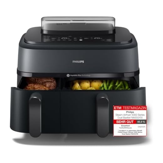 Philips Steam Airfryer 5000 Series Dual Basket - Airfryer & Dampfgarer in einem Gerät, 9L, RapidAir Plus Technologie, 19 Kochfunktionen, 90% weniger Fett, 2 Körbe, Dampfreinigung (NA550/00)