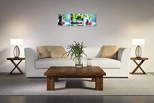 Tutubeer Zen Canvas Prints 3 Panel Spa Wall Decor Spa Stone Green Bamboo Pink Waterlily Zen Buddha Pictures Canvas Painting Print For Home Office And Kitchen Stretched And Framed Each Panel 12X12Inch #TOP5