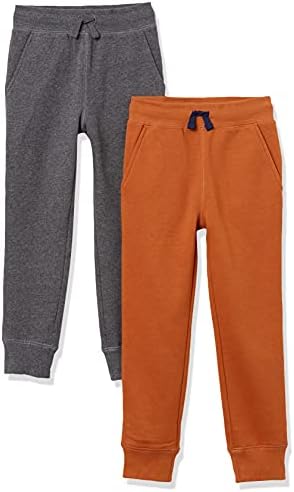 Amazon Essentials Boys' Fleece Jogger Sweatpants, Pack of 2, Charcoal Heather/Light Brown, Large