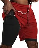 Mens 2 in 1 Running Shorts Quick Dry Gym Athletic Workout Clothes with Side Pockets,Red Large