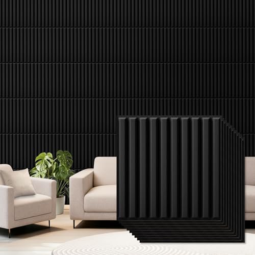 Qidejoy 33 Pcs 3D PVC Slat Wall Panels 12X12in Fluted Textured Paneling Modern Decorative Tiles Cuttable Paintable DIY Wall Art for Interior Decor, Bedroom, Ceiling, TV Background, Bathroom (Black)