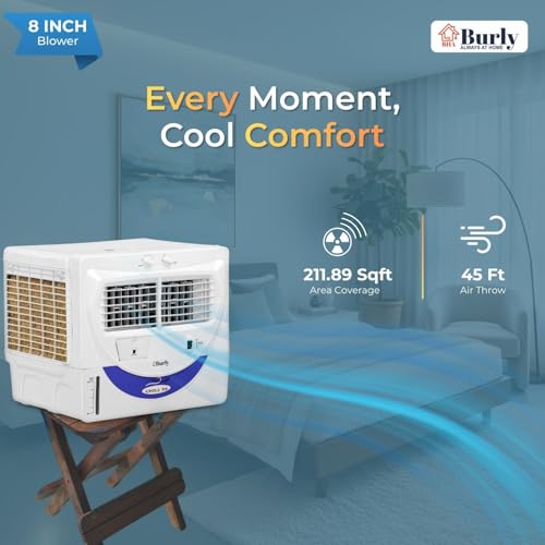 Image of Bhaburly Chill 55L Window Air Cooler for Home Powerful Air Throw Dual Side Water Inlet Wood Wool 1350 RPM 200 W 1 Year Warranty 8 inch Blower 3200 cmh Inverter Compatible 1 yr Warranty