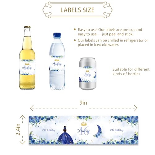 ROSTYAKZ 32pcs Happy 16th Birthday Water Bottle Labels, Princess Sixteen Bottle Wrappers for Girls, Blue Floral Sweet 16 Birthday Stickers, Cheers to 16 Years Old Party Decoration by ROSTYAKZ - Image 3